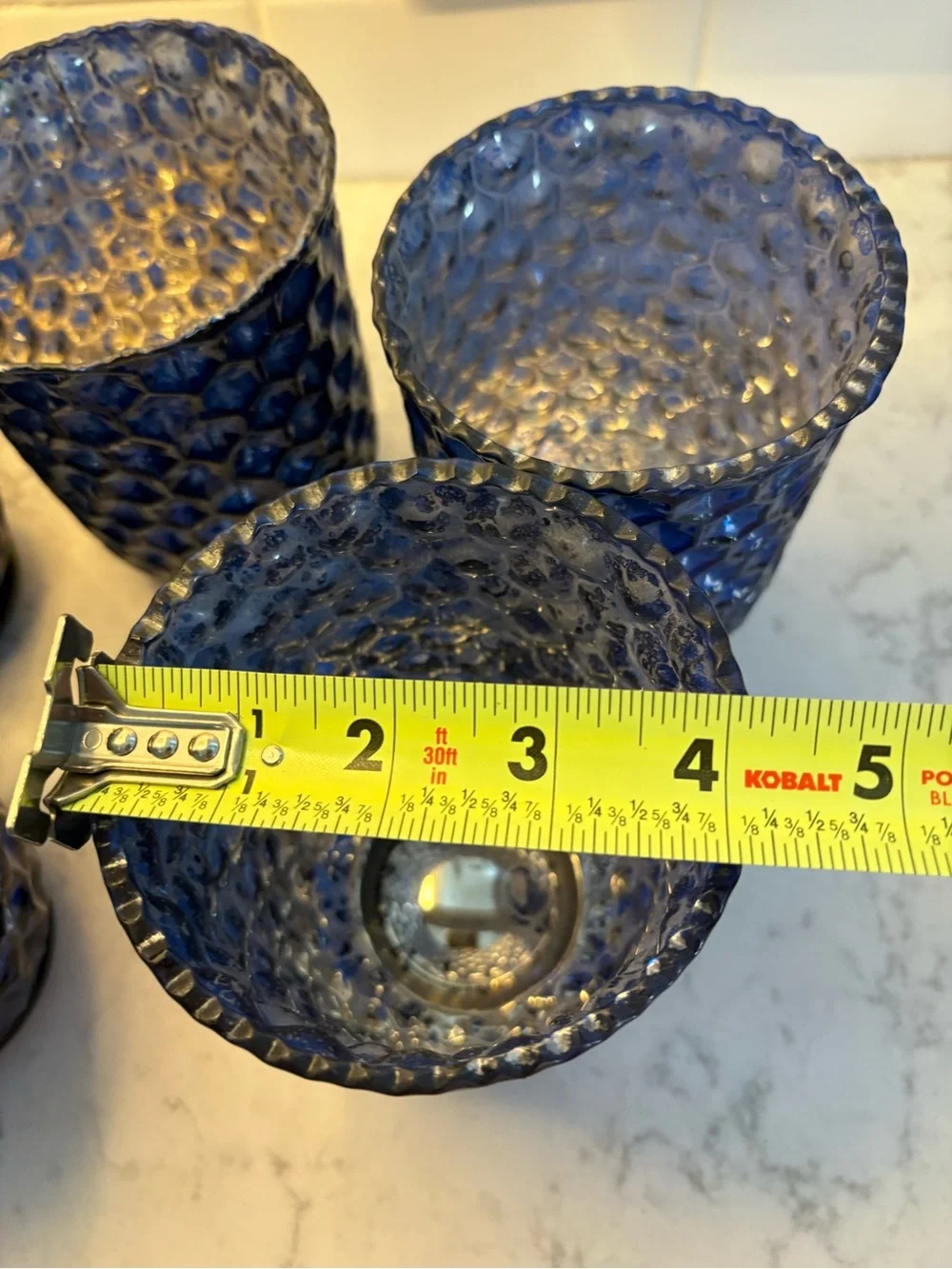 Set of 5 Blue Glass Textured votive  - for flameless candles only